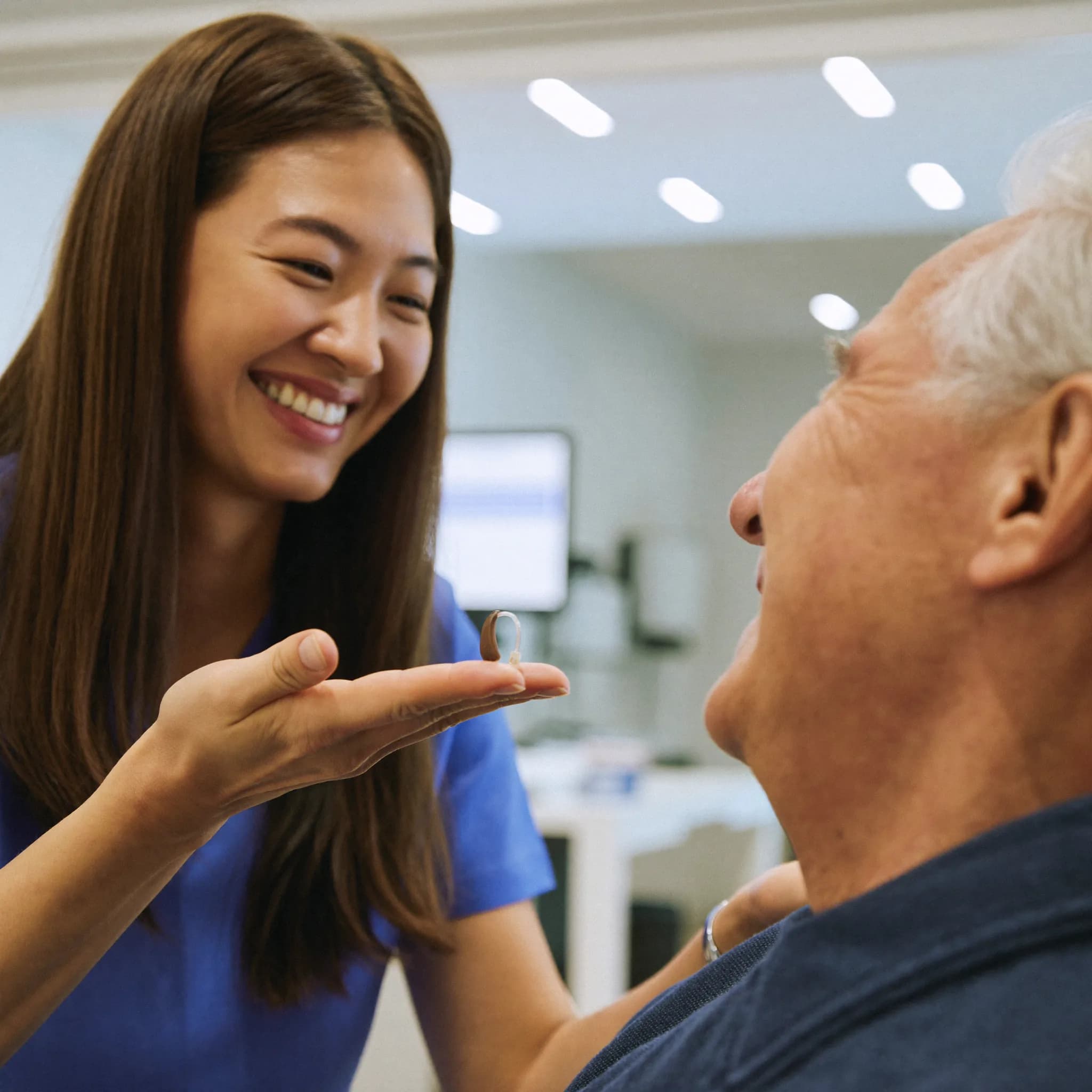 Audioprothésiste présentant une aide auditive à un patient senior
